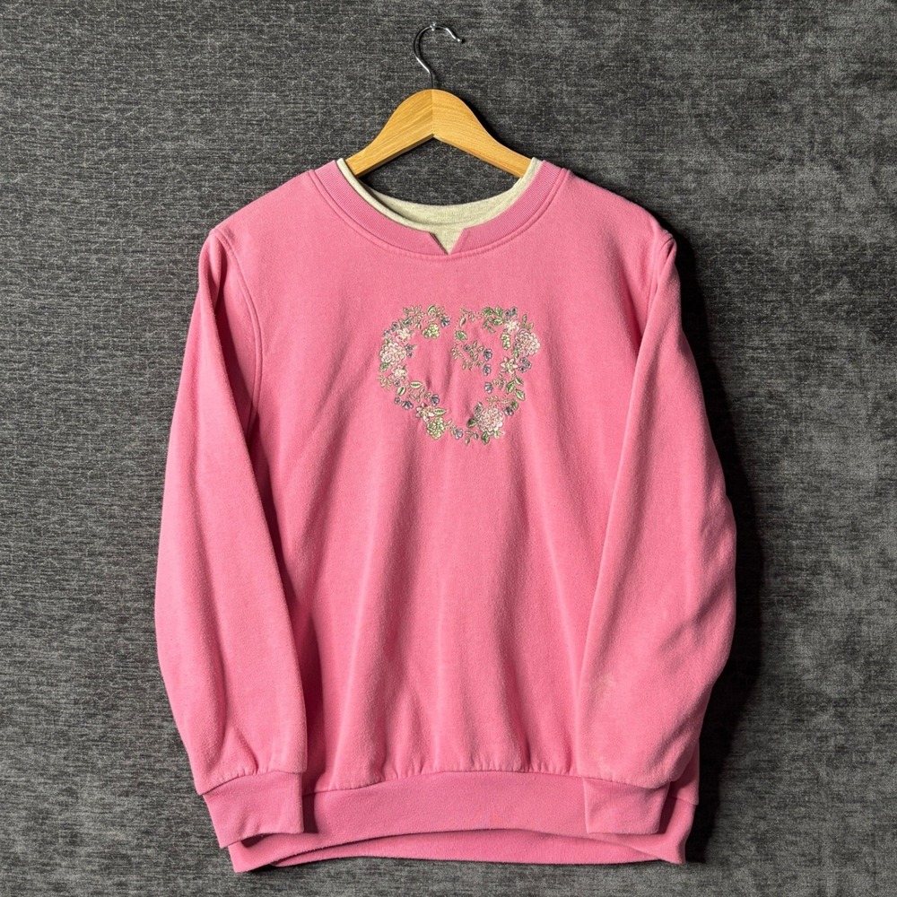 Vintage Pink Floral Heart Embroidered Sweatshirt Double Collar Crewneck Cute
